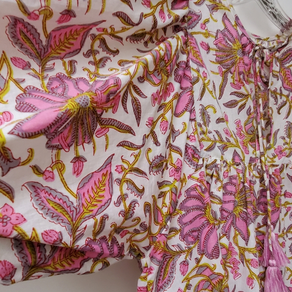 Mille Resort Thalia Pink White Floral 100%Cotton Blouse Puff Sleeves Size XS - Picture 5 of 12
